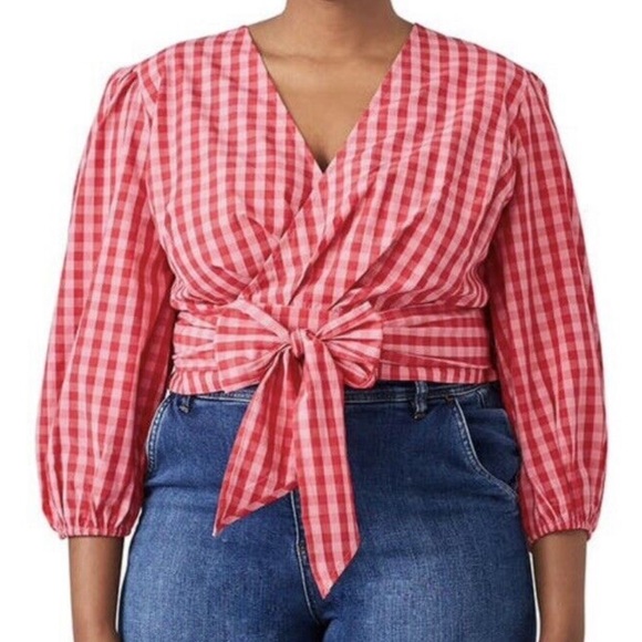 Draper James Eloquii red and pink checkered wrap top with tie waist - Picture 4 of 5